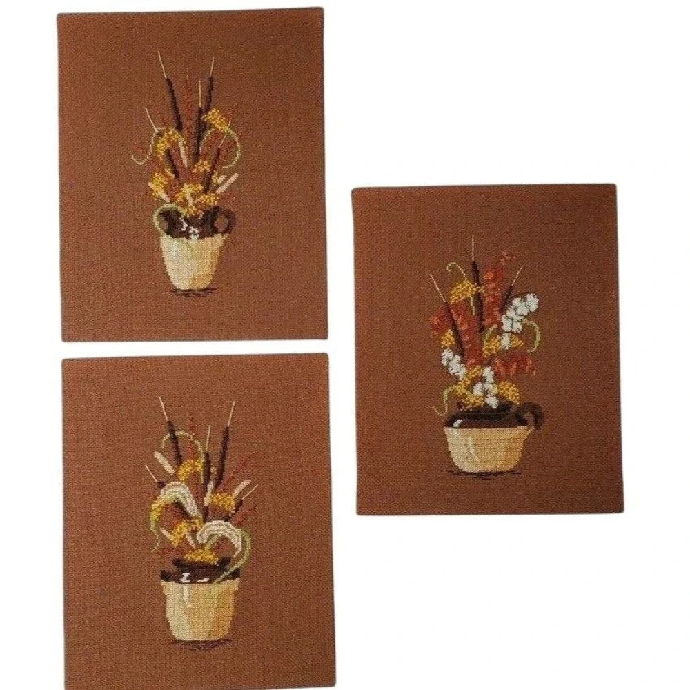 Vintage 1970s Hand Stitched Cross Stitch Needlepoint Wall Art Set of 3 Floral